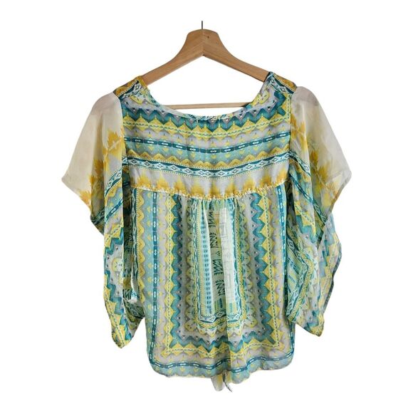 One World Womens S Sheer Cropped Top Green- Short Kimono Sleeve- Tie Front Boho - Picture 8 of 9